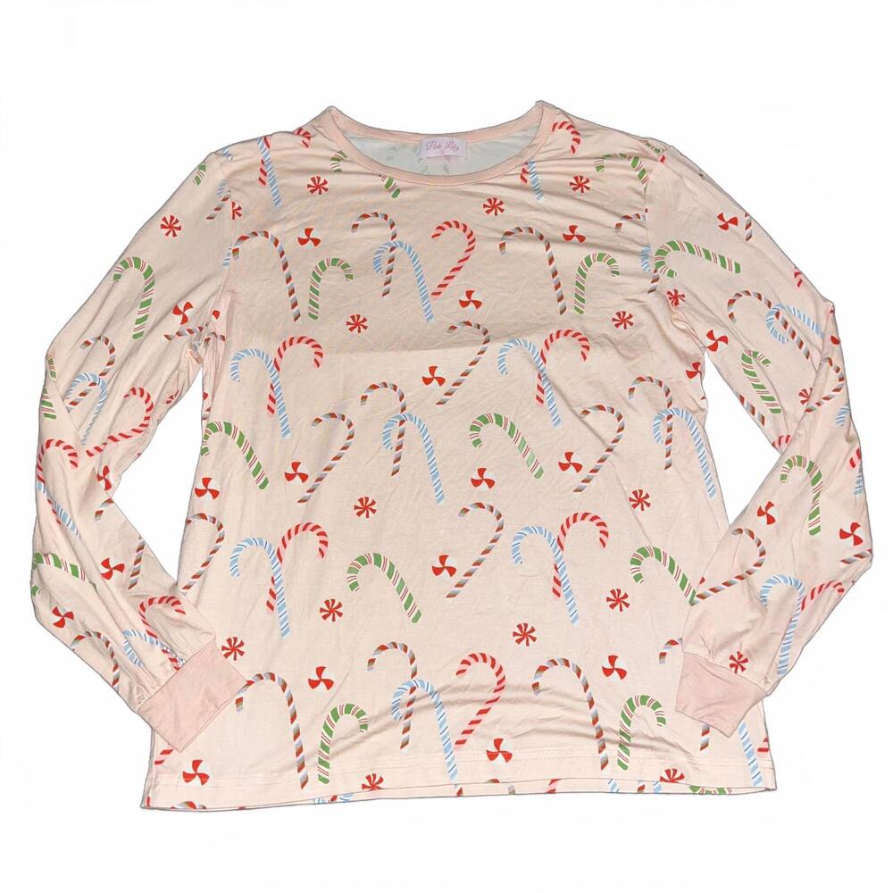 Pink Lily Candy Cane Print Long Sleeve Top Women's Size Small Pale Pink Holiday